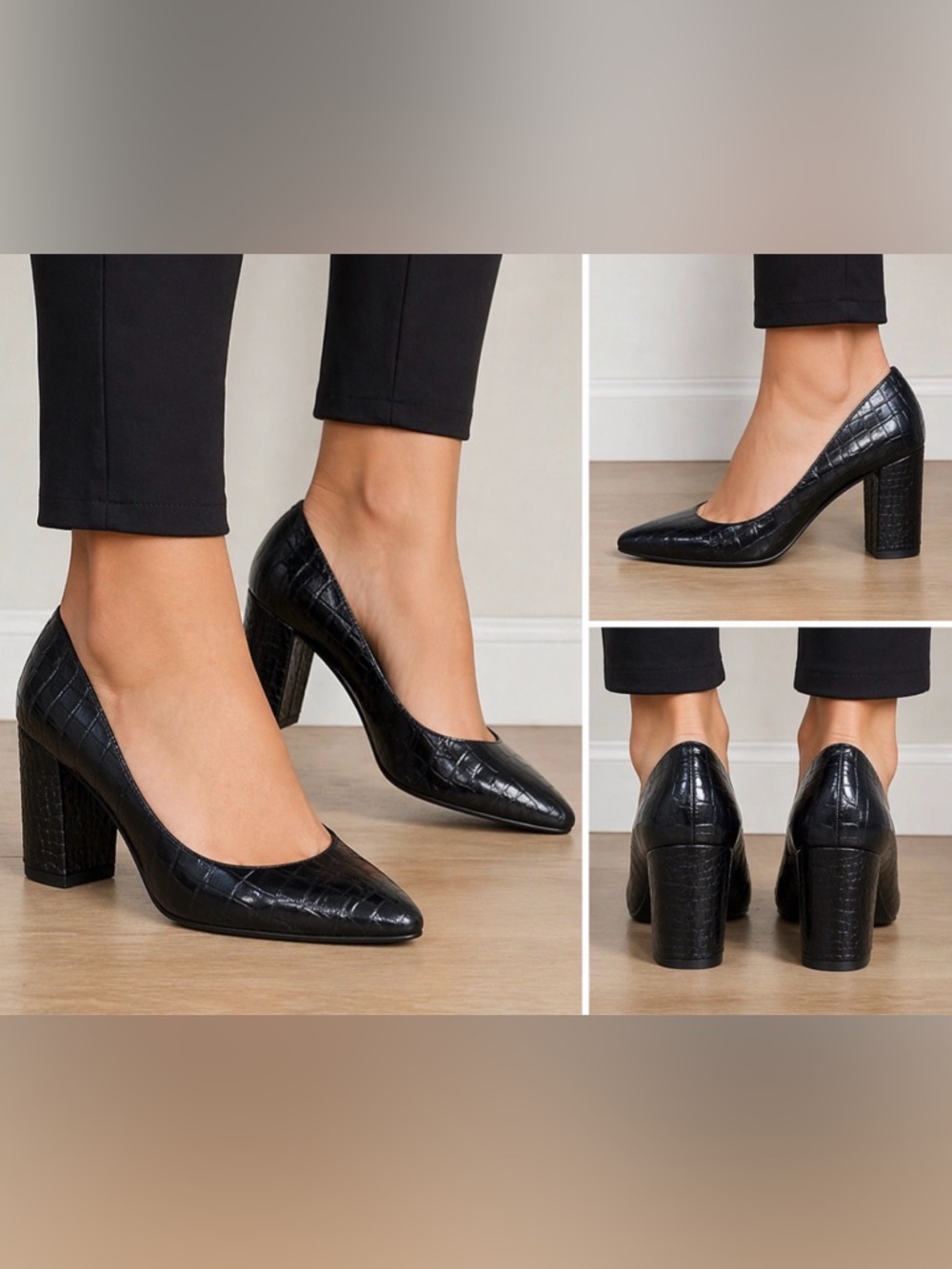 Cole Haan Black Croc-Embossed Pointed Block Heel Pumps